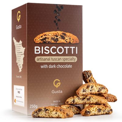 Gusta Authentic Biscotti Cookies Made in Tuscany, Italy - Chocolate Chip - Original Two Bites Size - All Natural Ingredients - Fresh Genuine Italian Dessert Treats - 8.82oz
