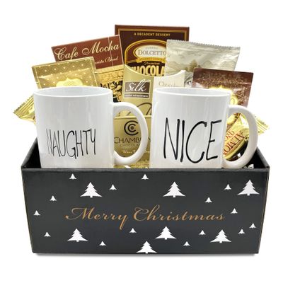 Coffee Gift Baskets - Hot Cocoa Gift - Food Gift - Couple Coffee Gift Box- 2 Mugs, Wafers, Hot Cocoa, Coffee, Snacks and More (Naughty and Nice)