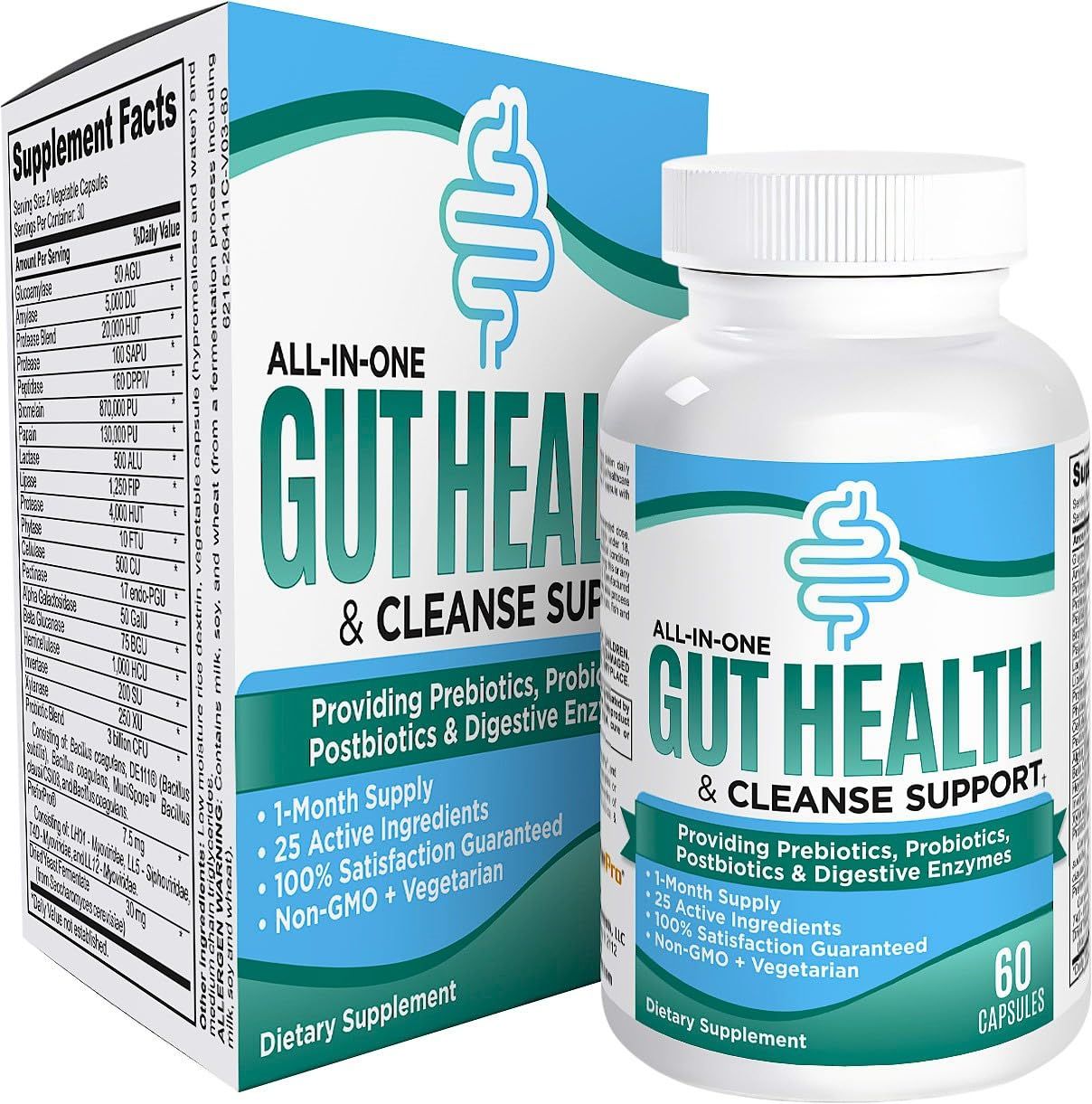 25-in-1 Gut Health Supplements All-in-1 Gut Microbiome Support - Gut Cleanse Detox - Blend of Prebiotics, Probiotics, Postbiotics Digestive Enzymes - Nutrient Dense Gut Supplement - 60 Capsules