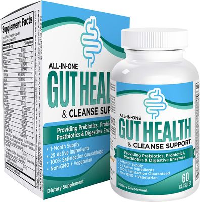 25-in-1 Gut Health Supplements All-in-1 Gut Microbiome Support - Gut Cleanse Detox - Blend of Prebiotics, Probiotics, Postbiotics Digestive Enzymes - Nutrient Dense Gut Supplement - 60 Capsules