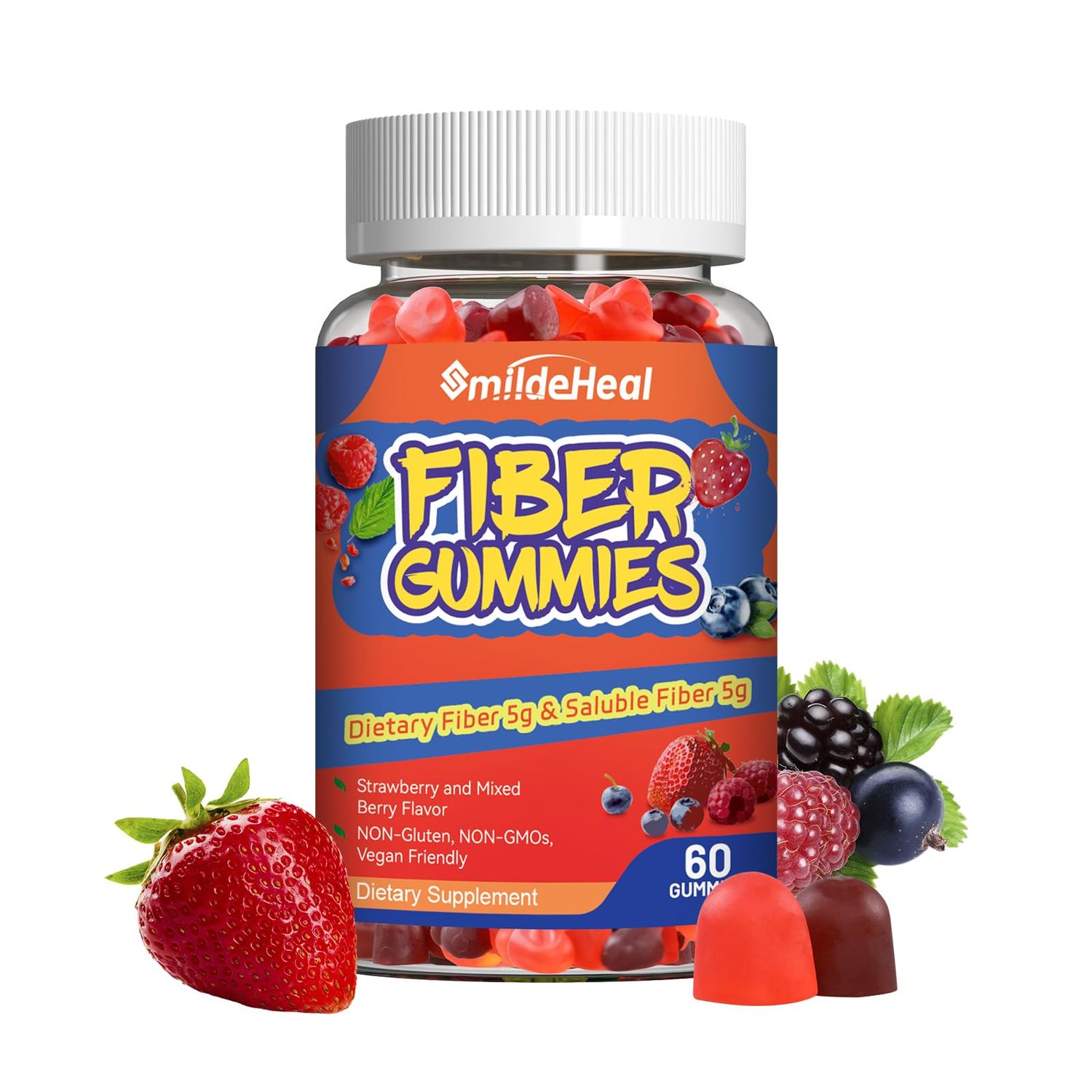 SmildeHeal Fiber Gummies, Dietary Fiber, Soluble Fiber, for Women and Men, Gut Health Support, Non-GMOs, Non-Gluten, Vegan, Mixed Berry and Strawberry Flavor, 60 Count Gummies