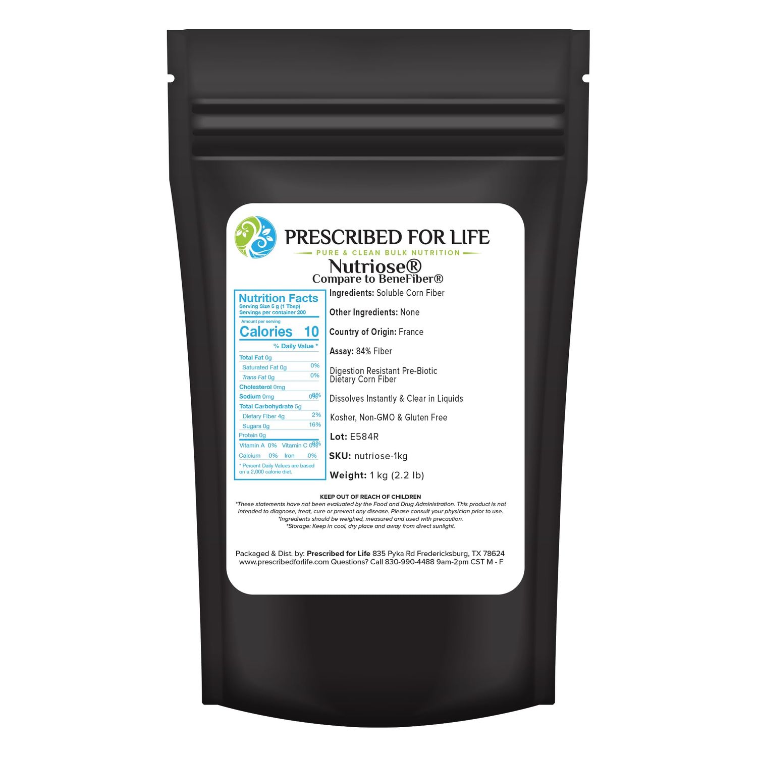 Prescribed For Life Nutriose Powder, Natural Fiber Supplement, Prebiotic Soluble Corn Fiber for Adults, Gluten Free, Vegan, Non GMO 1kg 2.2lb