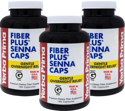 Yerba Prima Fiber Plus Senna Capsules, 180 Count 3 Pack - Gentle Overnight Relief, USA Made, Non-GMO, Gluten-Free