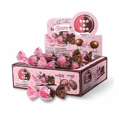 Bon o Bon Strawberry Choco Strawberry and Chocolate-Filled Bonbons with Crunchy Wafer, 15g x 24 Bonbons