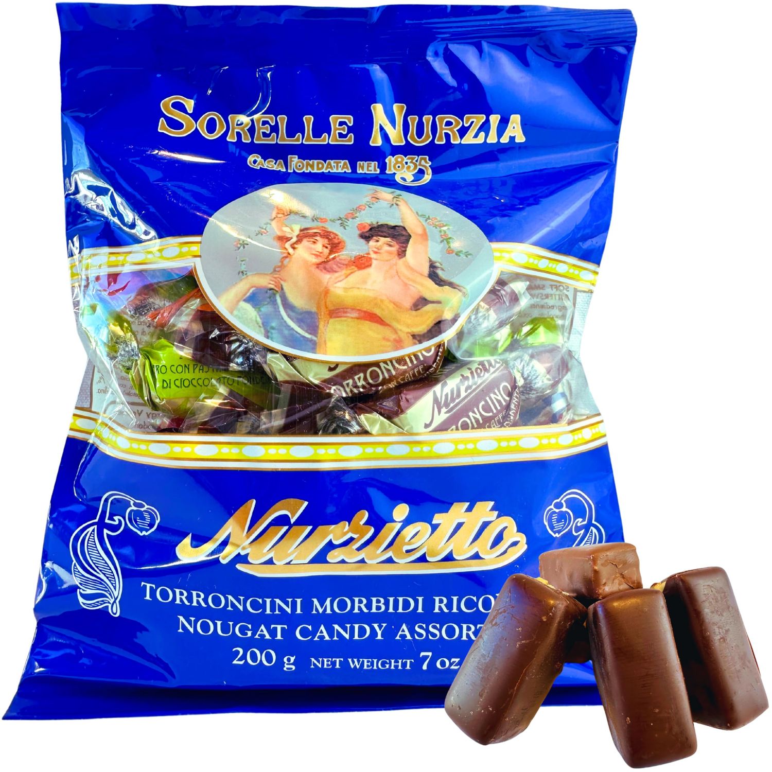 Sorelle Nurzia Chocolate Covered Torroncini Italian Nougat Candy 7 oz. 200g Soft Candy Covered in Chocolate - Torrone Morbido - Turron - Similar to Jube Nougat - Bajadera - Gaz - Italian Delicacies