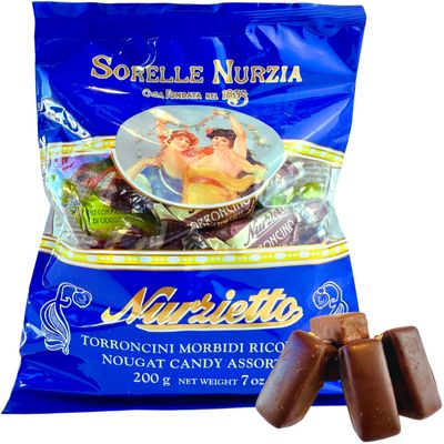 Sorelle Nurzia Chocolate Covered Torroncini Italian Nougat Candy 7 oz. 200g Soft Candy Covered in Chocolate - Torrone Morbido - Turron - Similar to Jube Nougat - Bajadera - Gaz - Italian Delicacies