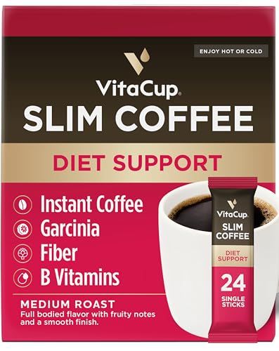 VitaCup Slim Instant Coffee Packets, with Garcinia, Fiber, B Vitamins, Bold Smooth, Medium Dark Roast, 100 Arabica Coffee in Single Serve Sticks, 24 Ct