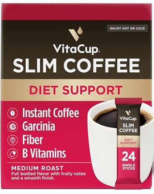 VitaCup Slim Instant Coffee Packets, with Garcinia, Fiber, B Vitamins, Bold Smooth, Medium Dark Roast, 100 Arabica Coffee in Single Serve Sticks, 24 Ct