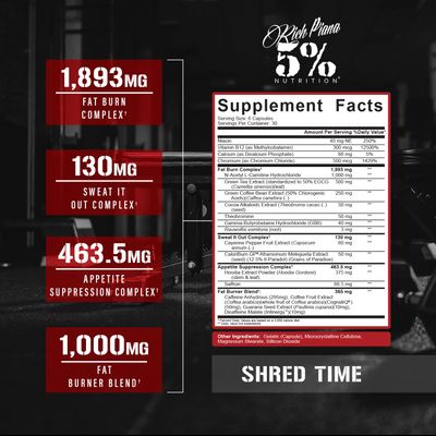 5 Nutrition Shred Time Fat Burner Green Tea, Coffee Bean, Cayenne, Theobromine, GBB Appetite Suppression 30 Servings 180 Capsules