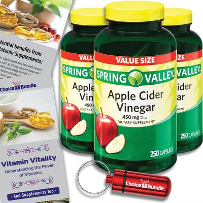 Choice Bundle Spring Valley Apple Cider Vinegar Capsules 450 mg Dietary Supplement 250 Ct 3 pk 750 Total Vitamin Guide and Pill Container 5 Items!