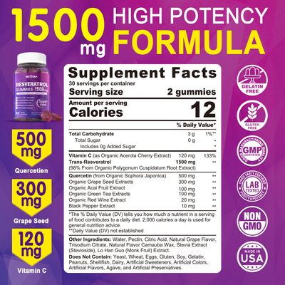 Resveratrol Gummies 1500mg - Sugar Free Resveratrol Supplement with Quercetin, Grape Seed, Acai Berries Extracts Support Antioxidant, Healthy Aging longevity, Skin, Joint, Brain Wellness - 2Pack