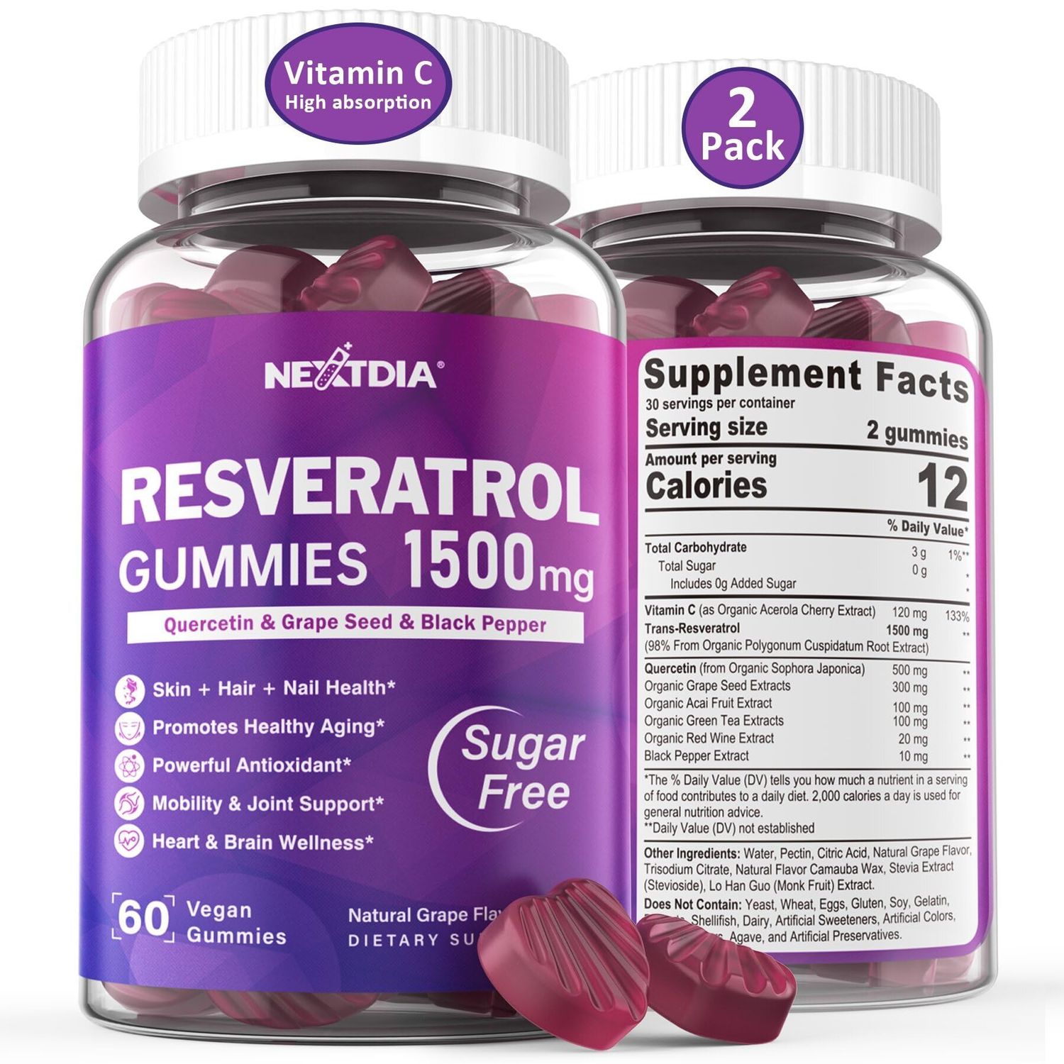 Resveratrol Gummies 1500mg - Sugar Free Resveratrol Supplement with Quercetin, Grape Seed, Acai Berries Extracts Support Antioxidant, Healthy Aging longevity, Skin, Joint, Brain Wellness - 2Pack