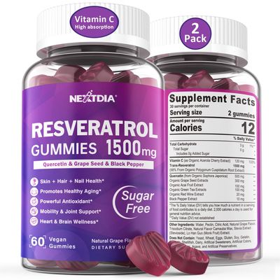 Resveratrol Gummies 1500mg - Sugar Free Resveratrol Supplement with Quercetin, Grape Seed, Acai Berries Extracts Support Antioxidant, Healthy Aging longevity, Skin, Joint, Brain Wellness - 2Pack
