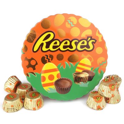 Reeses Peanut Butter Cups Tin, Individually Wrapped Mini Chocolates, Basket Stuffer Gift Set, 8 Pieces Inside, 2.48 Ounces