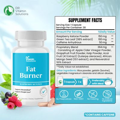 Fat Burner Raspberry Ketones with Green Tea African Mango - Supports Weight Loss Metabolism, Non-GMO, All-Natural Formula, 30 Capsules