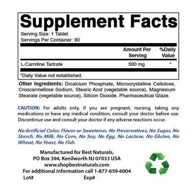 Best Naturals L-Carnitine Tartrate 500 mg 90 Tablets 90 Count Pack of 3