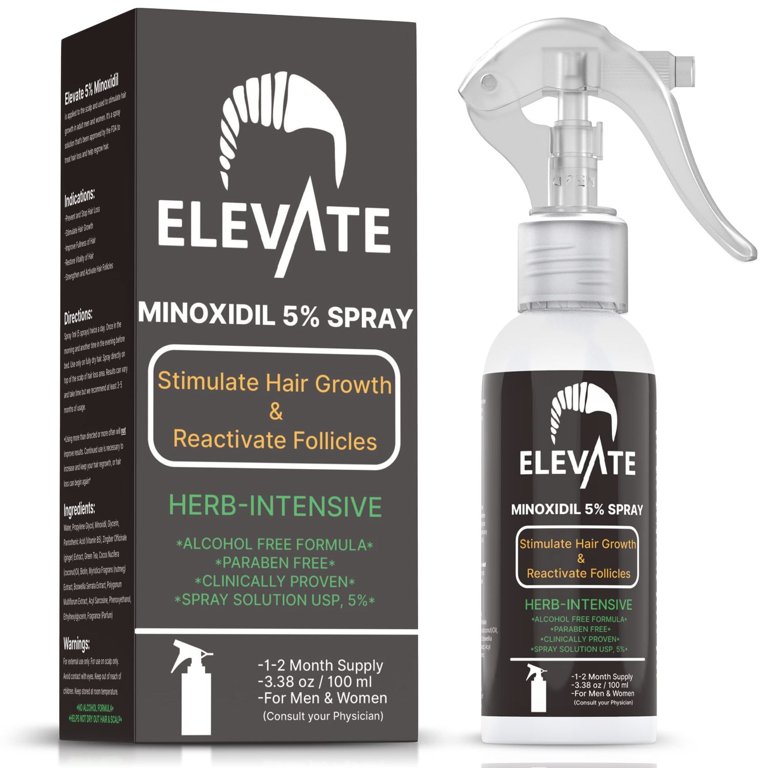 ELEVATE 5 Minoxidil Hair Growth Spray - Alcohol Free Non Oily Formula Extra Strength Professional Treatment for Hair Loss Regrowth - Stimulate Hair Follicles for Men Women - 1 Month Supply