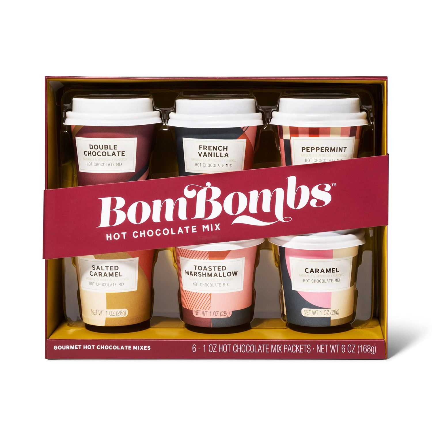 Bombombs Hot Chocolate Mix Gift Set, Hot Chocolate Mix in Mini Cup Packaging, Flavors Include Double Chocolate, French Vanilla, Peppermint, Salted Caramel and More, Set of 6