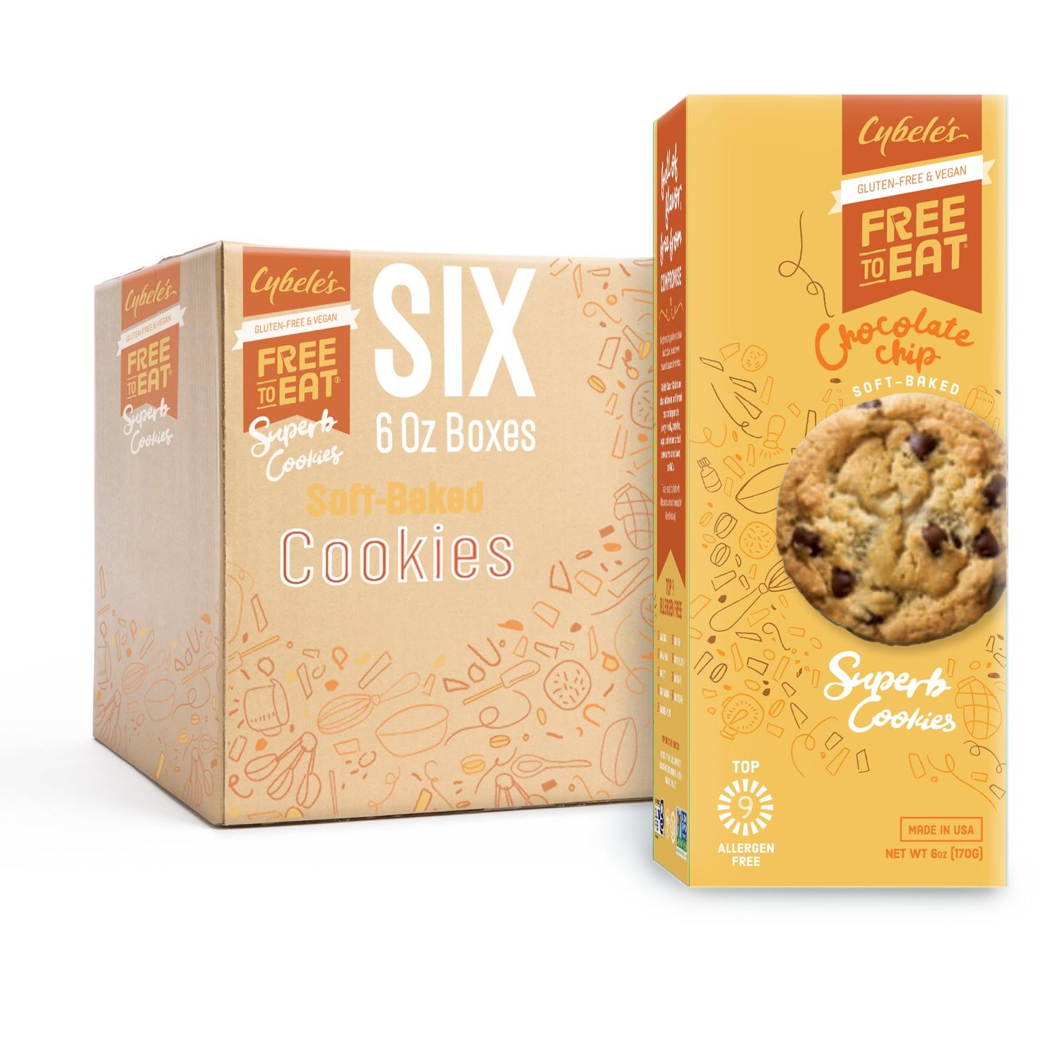Cybele s Free To Eat Gluten-Free Vegan Cookies - Plant-Based, Dairy, Soy, Nut Free - Soft-Baked School Safe Snack For Kids Adults - 12 Cookies Per 6 oz Box Chocolate Chip, Pack of 6