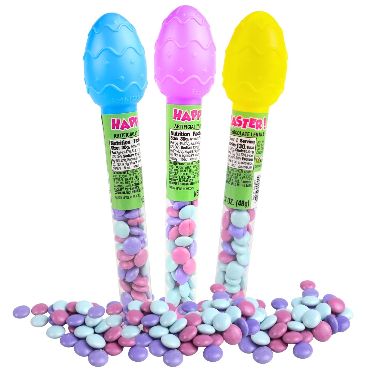 2025 Easter Egg Candy Tubes with Chocolate Lentils, Festive Basket Stuffers, Topper Colors Will Vary, 1.7 Ounces Pack of 3