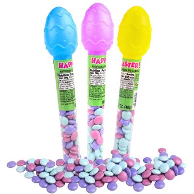 2025 Easter Egg Candy Tubes with Chocolate Lentils, Festive Basket Stuffers, Topper Colors Will Vary, 1.7 Ounces Pack of 3