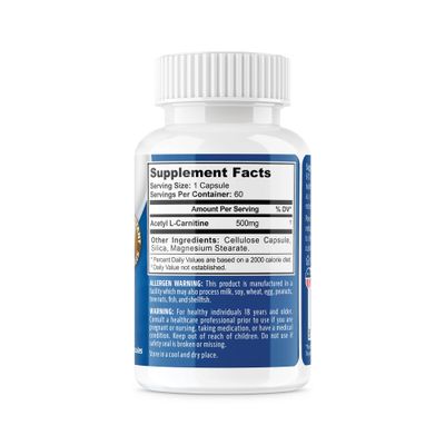 NeuropAWAY Elements Acetyl L-Carnitine 500mg 60ct Acid Resistant Capsules 60 500mg Capsules Per Bottle Veggie Caps Third Party Tested Made in USA