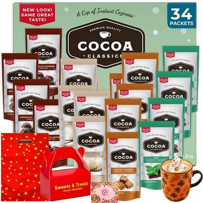 Premium Hot Chocolate Cocoa Variety Gift Set Flavored French Vanilla, Salted Caramel, Mint Chocolate Supreme Classic Instant Mix Plus Muchai Treat Box 4 Assortment Pack - 34 Packets