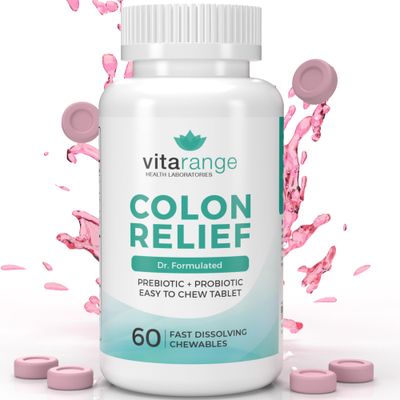 Colon Relief by VitaRange- Fast Constipation and Bloating Relief with Sunfiber Prebiotic Fiber and Pre Probiotics for Digestive Health - 60 Chewable Strawberry Tablets - Doctor Formulated Probiotics