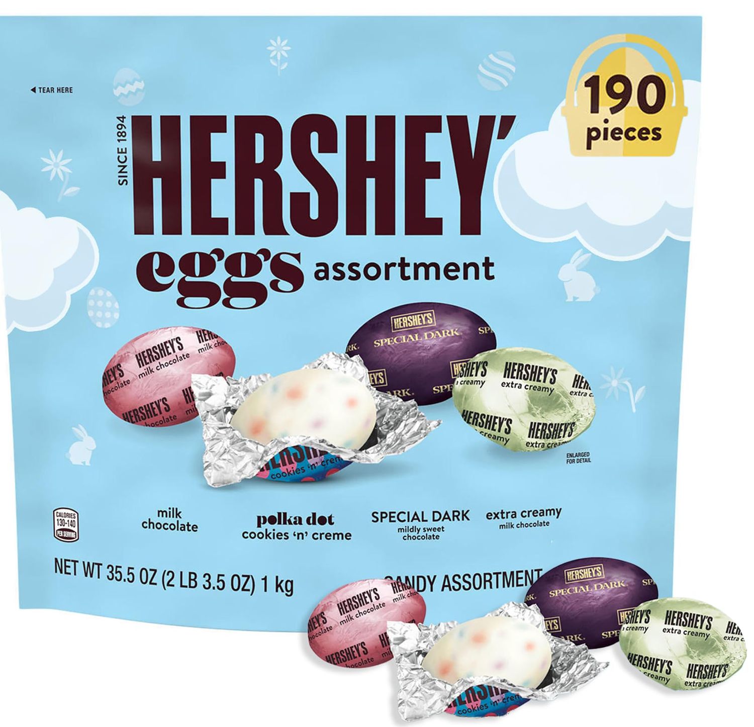 Hershey Chocolate Easter Eggs Candy Variety 190 pcs - Individually Wrapped Assorted Candy Eggs, Dark, Milk Chocolate, Extra Creamy Cookies n Cream - For Egg Hunt, Basket Stuffers, Party Favors