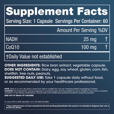 ProHealth NADH CoQ10 - Boost NAD 60 Day Supply Pure NADH 25 mg, CoQ10 100 mg 60 Acid Resistant Capsules Energy Focus ATP Production