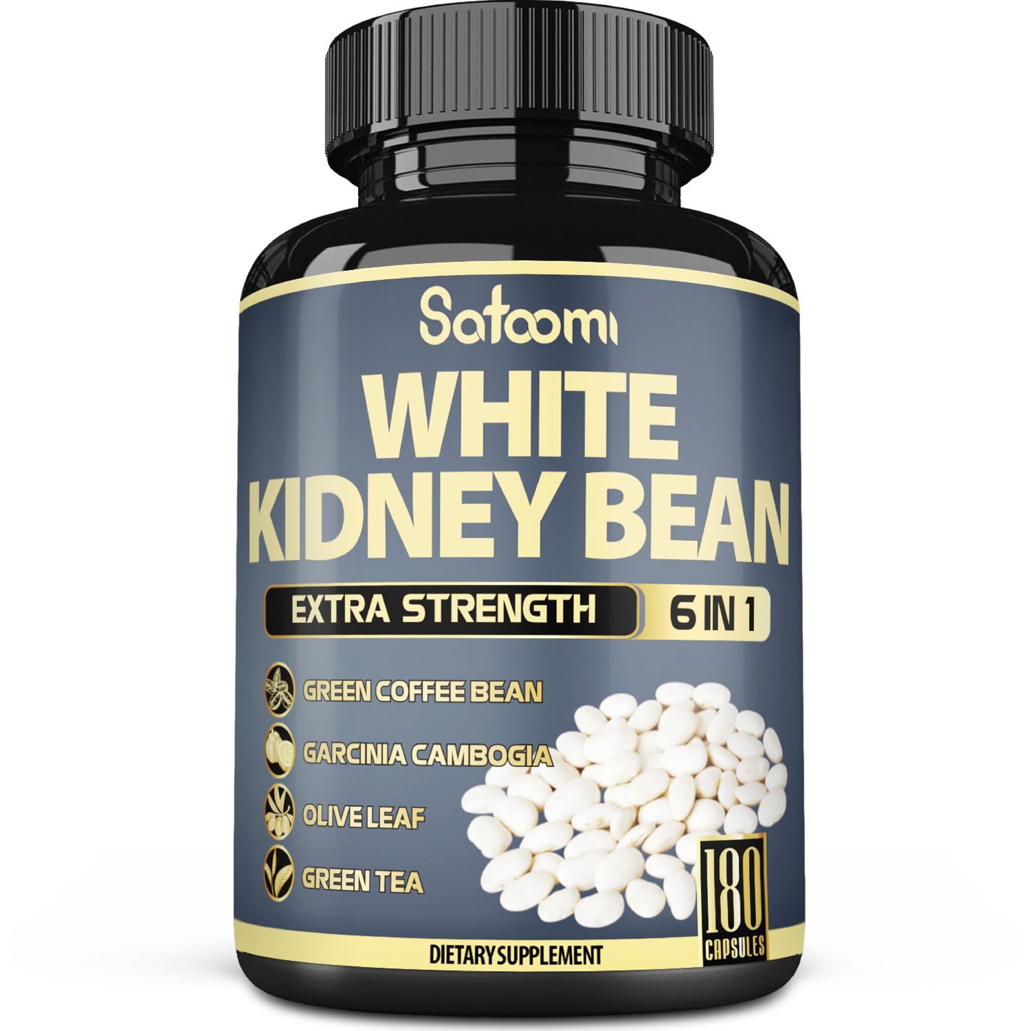 Satoomi 6in1 White Kidney Bean Extract Capsules - 6 Month Supply - Extra Blend with Olive Leaf, Green Coffee Bean Green Tea - 180 Counts