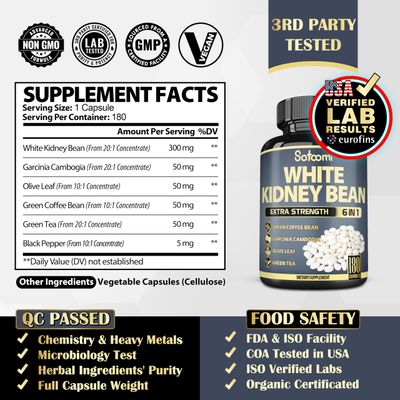 Satoomi 6in1 White Kidney Bean Extract Capsules - 6 Month Supply - Extra Blend with Olive Leaf, Green Coffee Bean Green Tea - 180 Counts