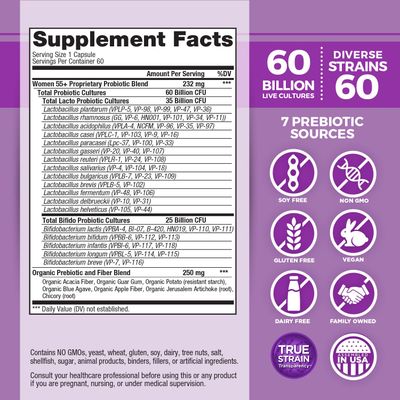 Vital Planet - Vital Flora Women Over 55 Daily Probiotic, 60 Billion CFU, Diverse Strains, Organic Prebiotics, Vaginal and Immune Support, Digestive Health Probiotics for Women 60 Capsules