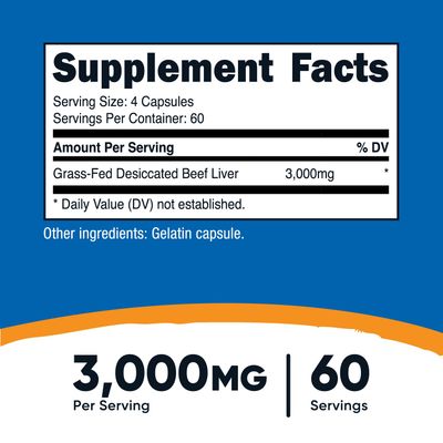 Nutricost Grass Fed Desiccated Beef Liver Capsules 3000mg Per Serv 750mg Per Cap, 240 Cap for 60 Servings - No Hormones, GMO and Gluten Free, Pasture-Raised, Free Range Beef
