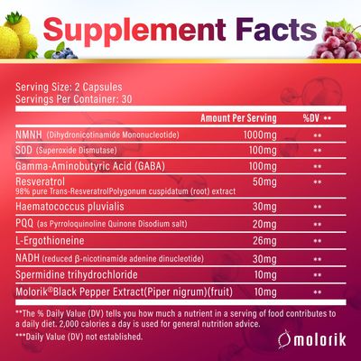 molorik NMNH Dihydronicotinamide Mononucleotide, 1000mg Per Serving NAD High Purity Supplement Alternative, 60 Capsules Gluten Free, Non-GMO, for Anti-Aging, Energy, Focus - 30 Servings