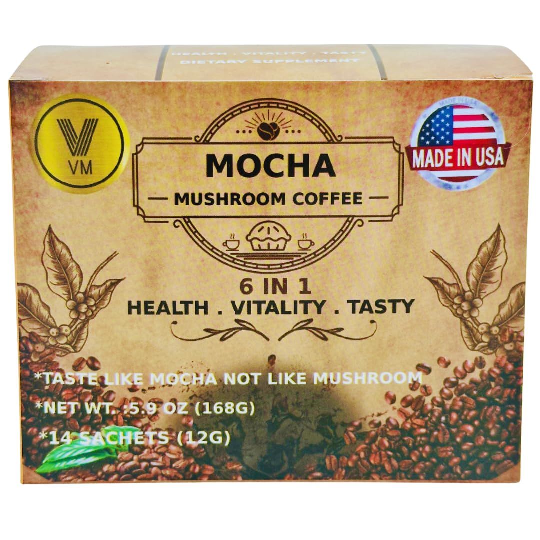 VM Mocha Mushroom Coffee.Reishi with cacao cocoa Mix-Instant organic classic coffee.6-in-1 Mushroom Coffee.Natural Ganoderma Lucidum With Instant Cafe.Dietary Supplement.Made in USA14 sachets