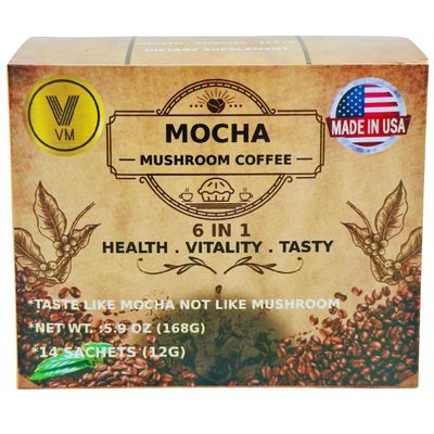 VM Mocha Mushroom Coffee.Reishi with cacao cocoa Mix-Instant organic classic coffee.6-in-1 Mushroom Coffee.Natural Ganoderma Lucidum With Instant Cafe.Dietary Supplement.Made in USA14 sachets