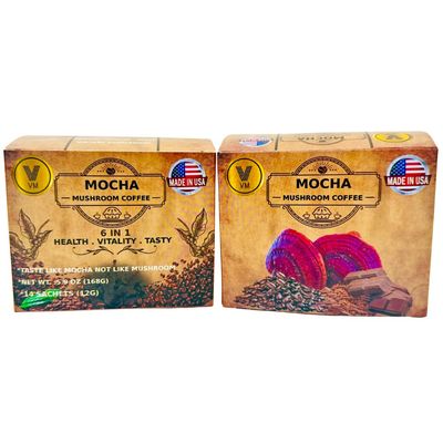 VM Mocha Mushroom Coffee.Reishi with cacao cocoa Mix-Instant organic classic coffee.6-in-1 Mushroom Coffee.Natural Ganoderma Lucidum With Instant Cafe.Dietary Supplement.Made in USA14 sachets