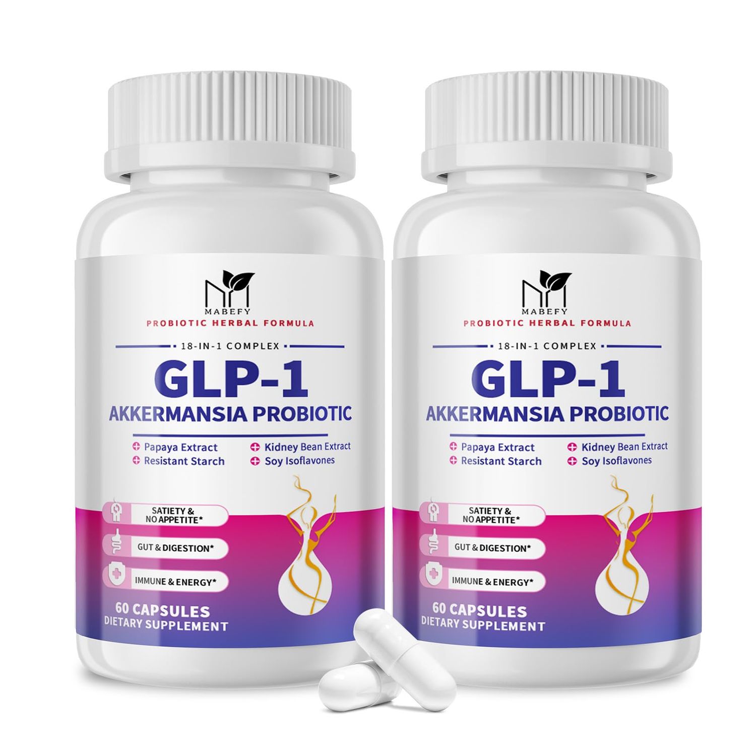 MABEFY 2 Pack Akkermansia Probiotic Supplement for Women Men, Natural Prebiotics for Digestive, Gut Health, Energy, Overall Health, Digestive Supplement with Soy lsoflavones, Bromelain, 60 Capsules