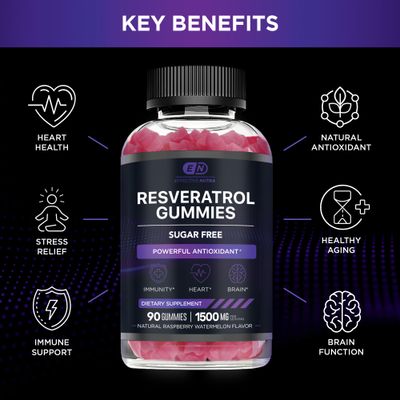 EFFECTIVE NUTRA Resveratrol Gummies 1500mg Sugar-Free Supplement for Antioxidant Support, Immunity, Heart Health, and Brain Function 45-Day Supply, Natural Berry Flavor, Made in USA 90 Count