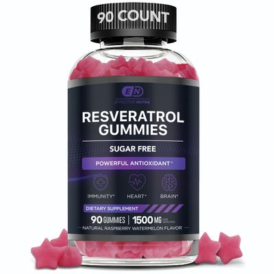 EFFECTIVE NUTRA Resveratrol Gummies 1500mg Sugar-Free Supplement for Antioxidant Support, Immunity, Heart Health, and Brain Function 45-Day Supply, Natural Berry Flavor, Made in USA 90 Count