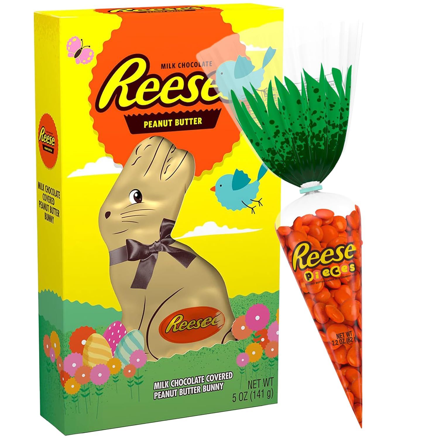 Easter Candy Milk Chocolate Peanut Butter Bunny Pieces Carrot Bag - Large Wrapped Bunny With Chocolate Candy In a Crunchy Shell For Basket Stuffers, Gifts Holiday Treats