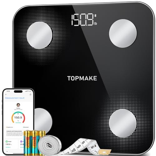 TOPMAKE 2025 Upgrade Scale for Body Weight, Digital Bathroom Scale BMI Body Fat Scale, 25 Body Composition Analyzer with App sync with Bluetooth, Batteries and Tape Measure Included, Black