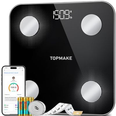 TOPMAKE 2025 Upgrade Scale for Body Weight, Digital Bathroom Scale BMI Body Fat Scale, 25 Body Composition Analyzer with App sync with Bluetooth, Batteries and Tape Measure Included, Black