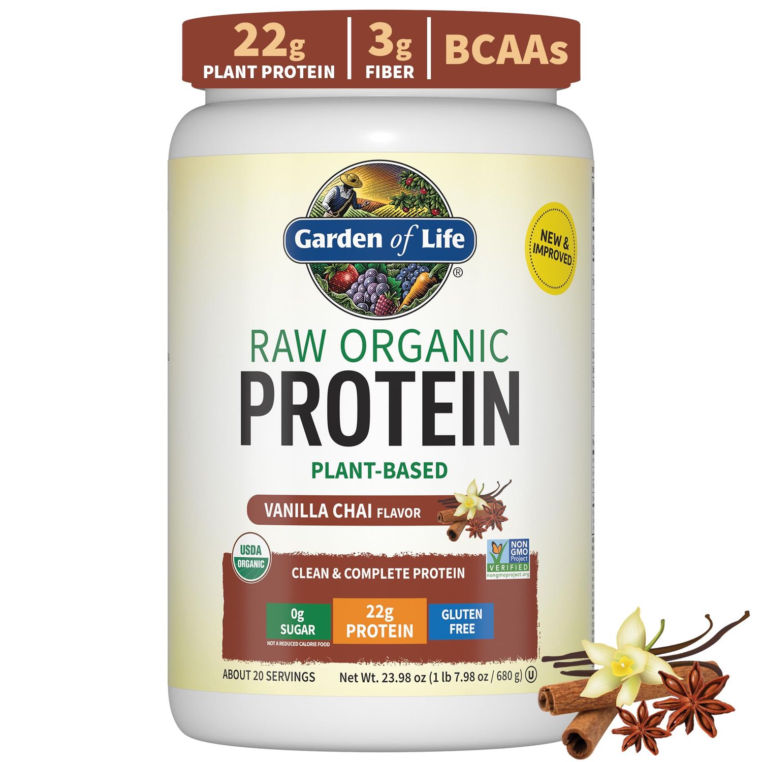 Garden of Life Raw Organic Protein Vanilla Chai Powder, 20 Servings, Certified Vegan, Gluten Free, Organic Non-GMO, Plant Based Sugar Free Protein Shake, Probiotics Enzymes, 4g BCAAs, 22g Protein