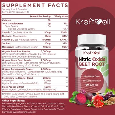 Kraftvoll Nitric Oxide Beet Root Gummies with Grapeseed Powder, Pomegranate Powder, Vitamin C B12 - Sugar-Free, Mixed Berry Flavor - 60 Gummies