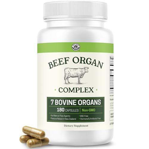 Beef Organ Supplement Grass Fed - 7 Beef Organs Complex from New Zealand - Liver Heart Pancreas Kidney Lung Spleen Bone Marrow - Non-GMO, No Fillers, Hormone Antibiotic Free - Carnivore Diet - 180ct