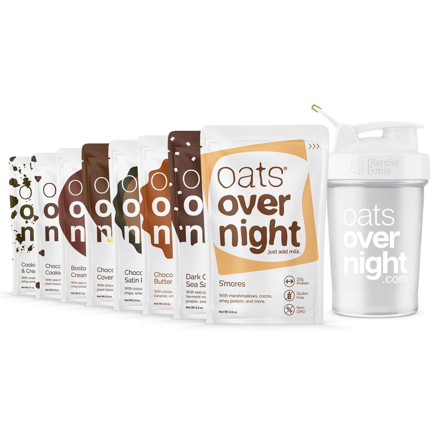 Oats Overnight Chocolate Variety Pack - High Protein, High Fiber Breakfast Protein Shake - Gluten Free, Non GMO Protein Oatmeal - Smores, Dark Chocolate Sea Salt More 8 Pack BlenderBottle