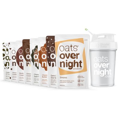 Oats Overnight Chocolate Variety Pack - High Protein, High Fiber Breakfast Protein Shake - Gluten Free, Non GMO Protein Oatmeal - Smores, Dark Chocolate Sea Salt More 8 Pack BlenderBottle