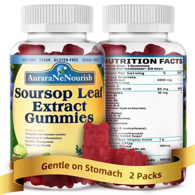 2 Pack Sugar Free Soursop Gummies with Probiotics Fiber 100 Billion CFUs, Organic Soursop Leave Extract with Vitamin C B-Complex for Digestive Gut Health, Energy Balance, Immune Boost